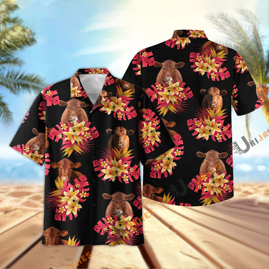 Unique Red Angus Black Red Flowers Pattern Hawaiian Shirt