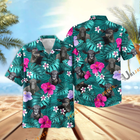 Uni Black Angus Green Flowers Summer Pattern Hawaiian Shirt