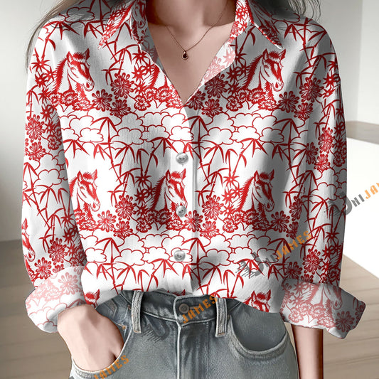 Unique Red Horse Bamboo Print Casual Long Sleeve Comfortable Shirt