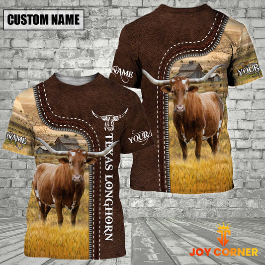 Uni Texas Longhorn Farm Custom Name Leather Pattern T-Shirt