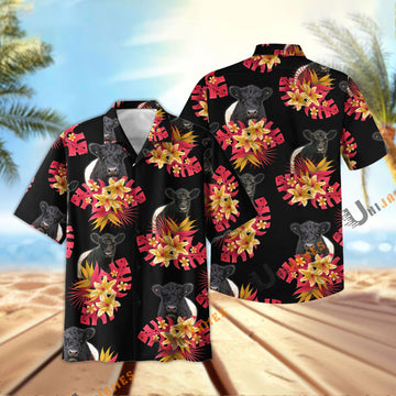 Unique Belted Galloway Black Red Flowers Pattern Hawaiian Shirt