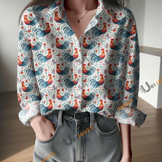 Unique Blooms & Feathers Print Casual Long Sleeve Comfortable Shirt