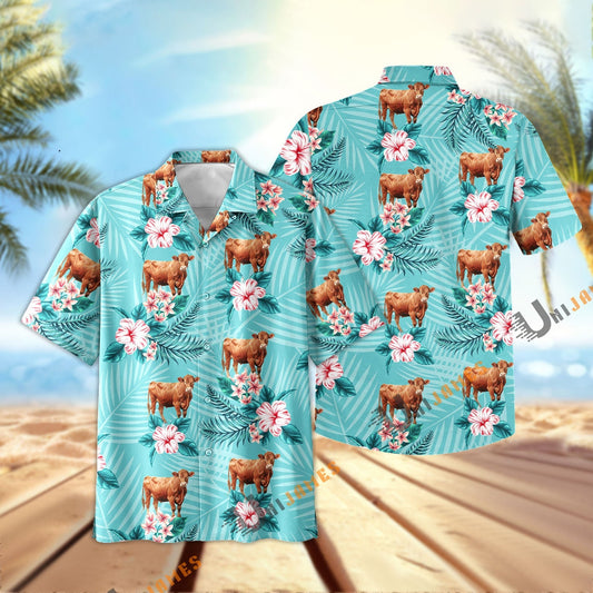 Uni Red Angus Aloha Cyan Color Hawaiian Shirt