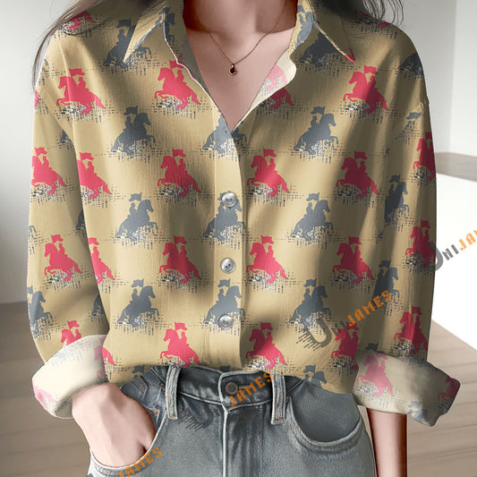 Unique Horse Riding Print Casual Long Sleeve Comfortable Shirt