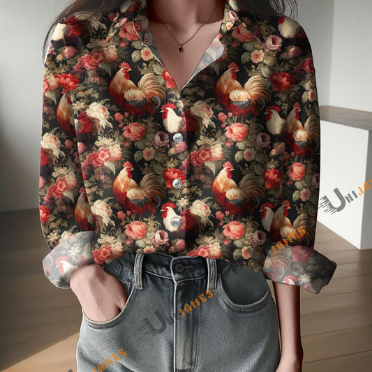 Unique Chickens in Flowerbed Print Casual Long Sleeve Comfortable Shirt