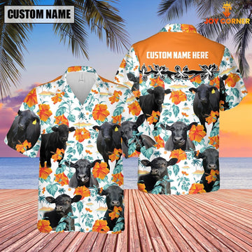 Unique Black Angus Hibiscus Floral Custom Name 3D Hawaiian Shirt