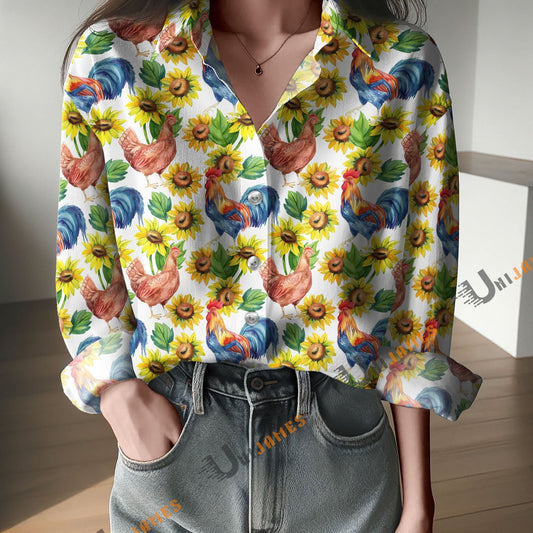 Unique Watercolor Chicken & Rooster Sunflower Print Casual Long Sleeve Comfortable Shirt