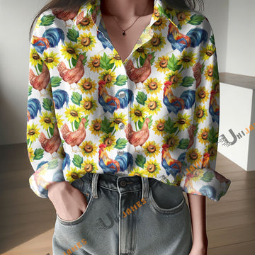 Unique Watercolor Chicken & Rooster Sunflower Print Casual Long Sleeve Comfortable Shirt