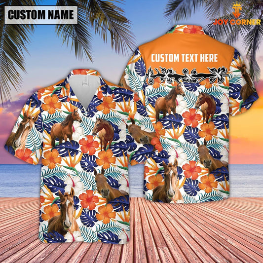 Unique Horse Hibiscus Blue Floral Custom Name 3D Hawaiian Shirt