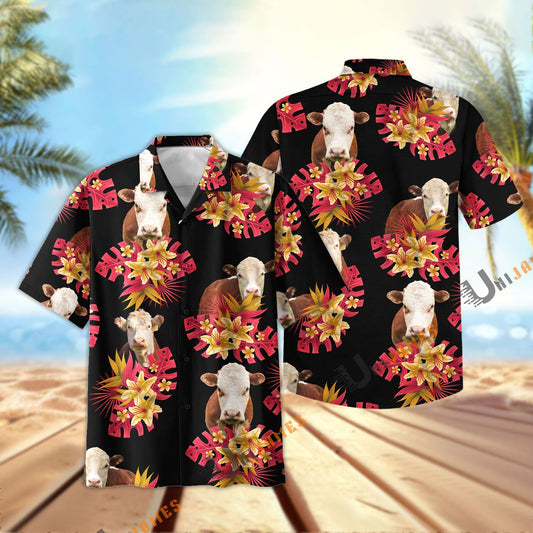 Unique Hereford Black Red Flowers Pattern Hawaiian Shirt