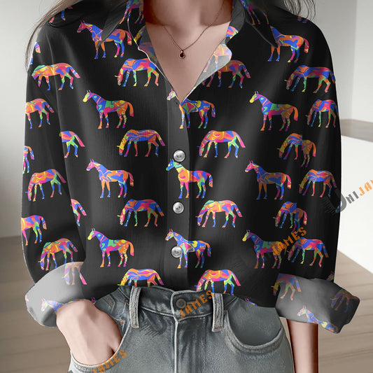 Unique Colorful Horse Pattern Black Print Casual Long Sleeve Comfortable Shirt