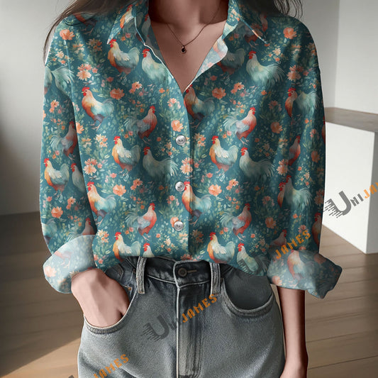 Unique Floral Chickens Hens Print Casual Long Sleeve Comfortable Shirt