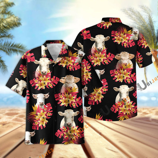 Unique Charolais Black Red Flowers Pattern Hawaiian Shirt