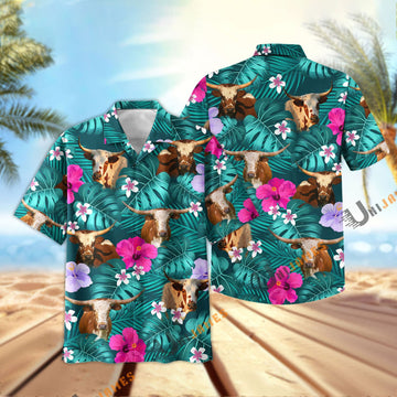 Uni Texas Longhorn Green Flowers Summer Pattern Hawaiian Shirt