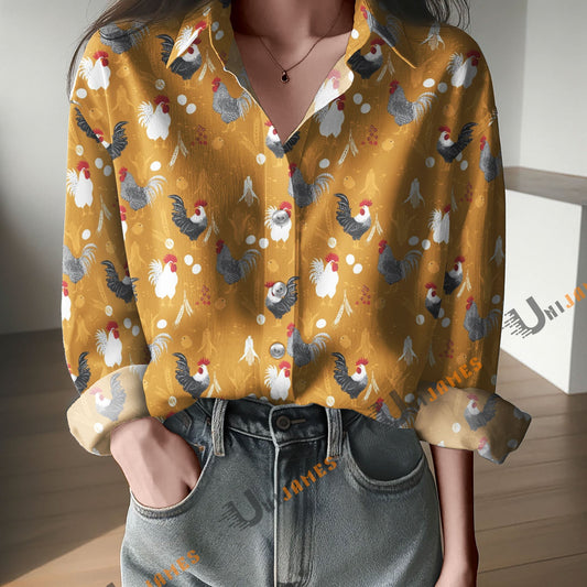 Unique Roosters and Chickens Print Casual Long Sleeve Comfortable Shirt