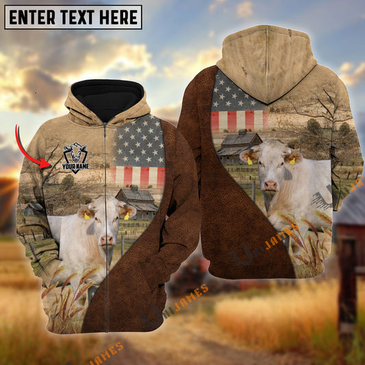 Uni Personalized Name Charolais Cattle USA Flag Hoodie