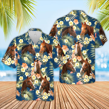 Unique Horse Summer Blue Floral 3D Hawaiian Shirt