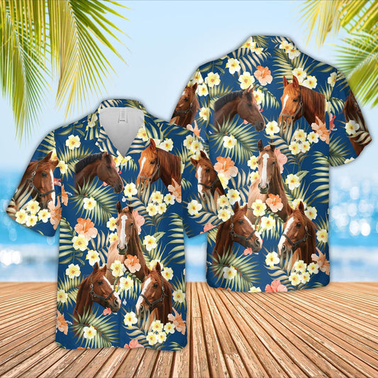 Unique Horse Summer Blue Floral 3D Hawaiian Shirt