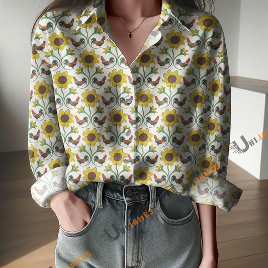 Unique Roosters and Sunflowers Natural Print Casual Long Sleeve Comfortable Shirt