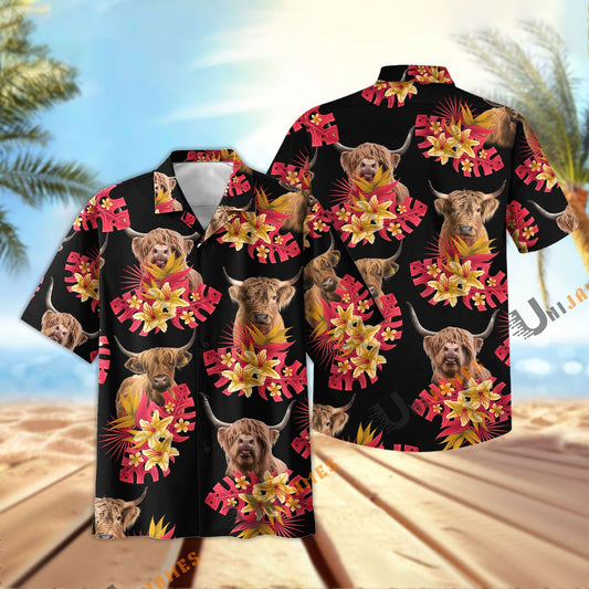 Unique Highland Black Red Flowers Pattern Hawaiian Shirt