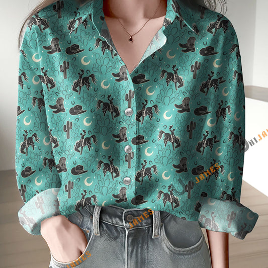 Unique Horse Cowboys And Cacti Print Casual Long Sleeve Comfortable Shirt
