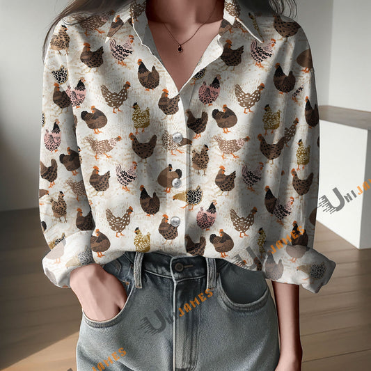 Unique Chickens Brown Print Casual Long Sleeve Comfortable Shirt