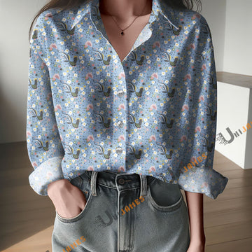 Unique Chicken Gallito Pinto Light Blue Print Casual Long Sleeve Comfortable Shirt