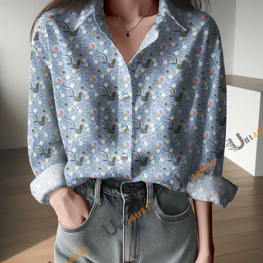 Unique Chicken Gallito Pinto Light Blue Print Casual Long Sleeve Comfortable Shirt