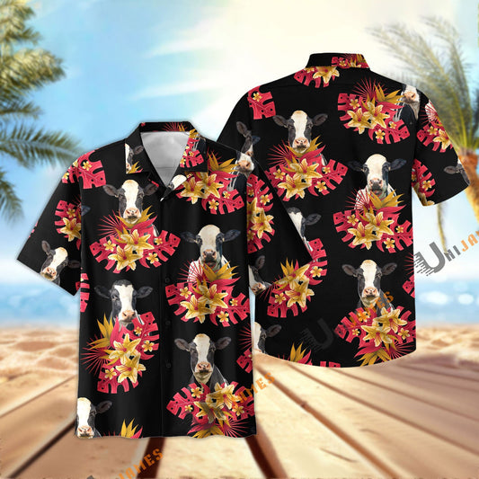 Unique Holstein Black Red Flowers Pattern Hawaiian Shirt