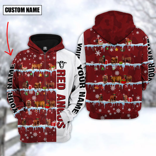 Uni Personalized Name Red Angus Cattle Christmas 3D Hoodie