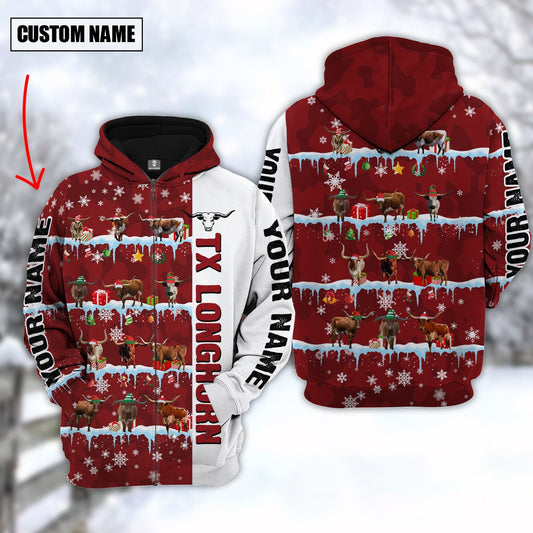 Uni Personalized Name Texas Longhorn Cattle Christmas 3D Hoodie