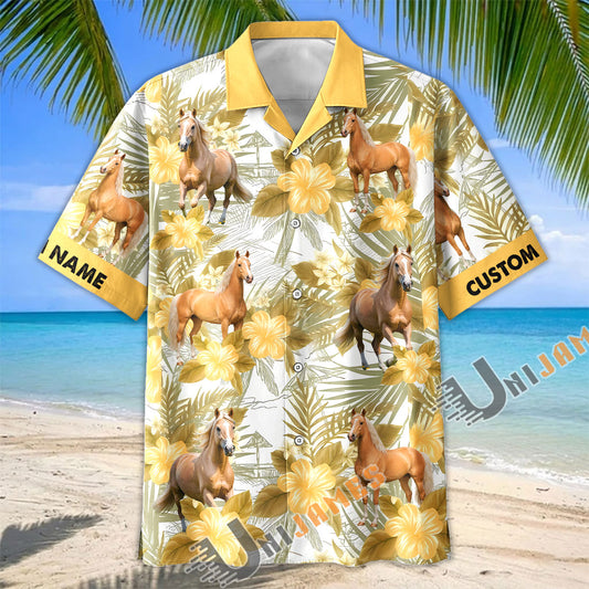 Unijames Personalized Palomino Horse Yellow Hibiscus Hawaiian Shirt